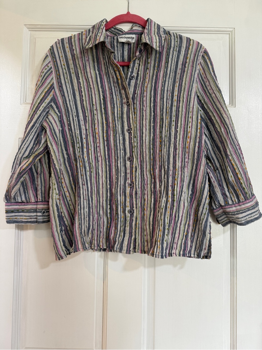 breckenridge Striped Button Front Shirt in Blue, Pink, Green